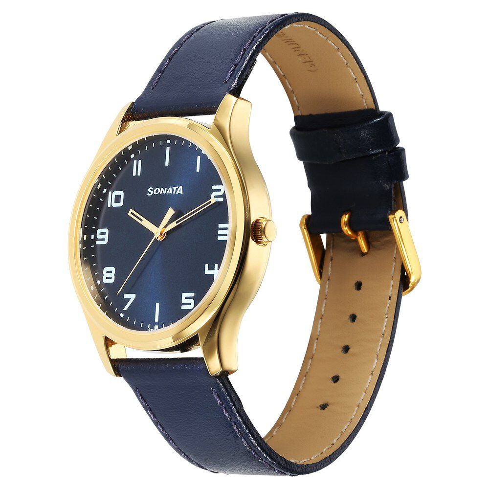 Buy Online Sonata Traditional Essentials Quartz Analog Blue Dial Leather Strap Watch for Men 77082yl10 p Sonata