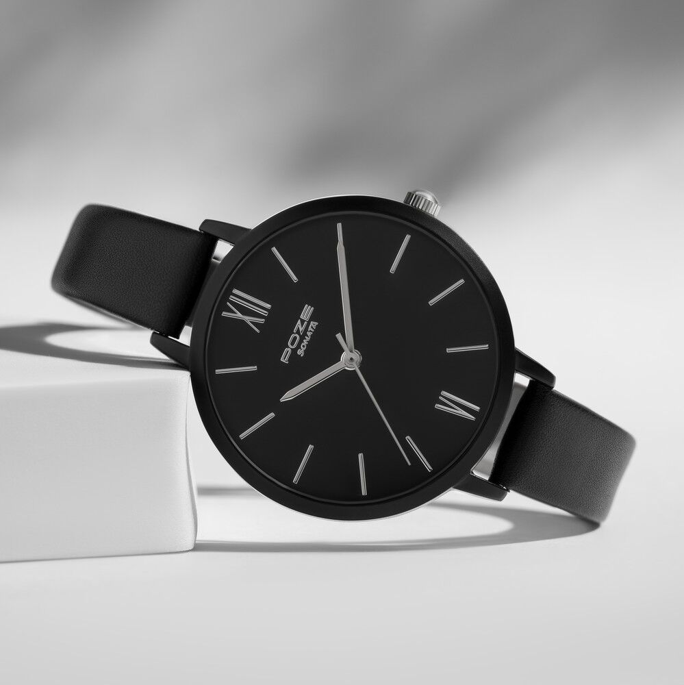 Buy Online Sonata Poze Quartz Analog Black Dial Leather Strap