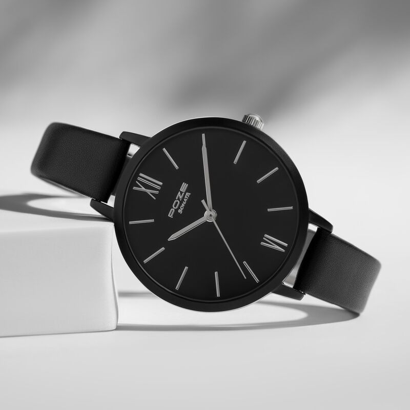 Buy Online Sonata Poze Quartz Analog Black Dial Leather Strap Watch for