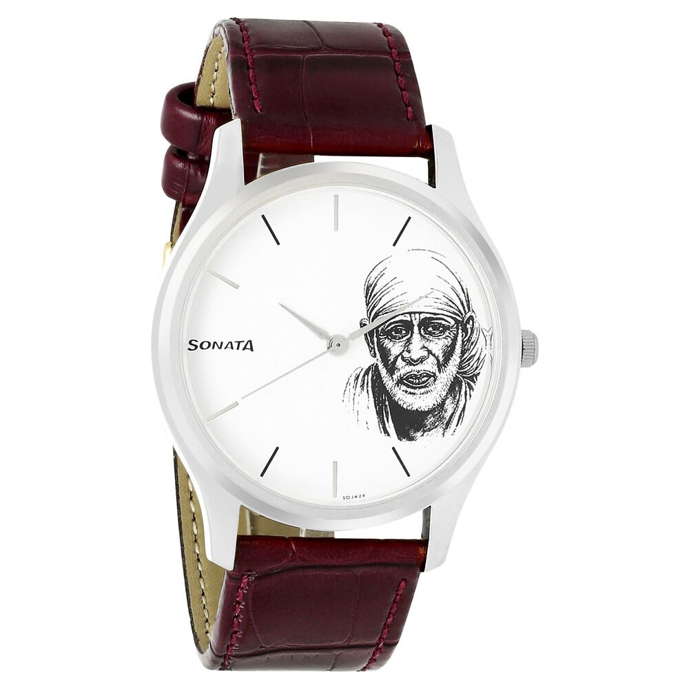 Buy Online Sonata Quartz Analog White Dial Leather Strap Watch for Men nm77082sl04 Sonata