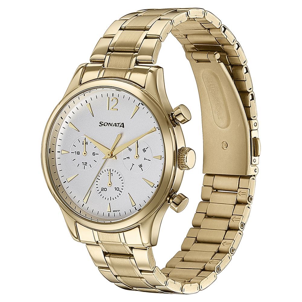 Buy Online Sonata Quartz Multifunction White Dial Golden Stainless Steel Strap Watch For Men 77146ym01 p Sonata