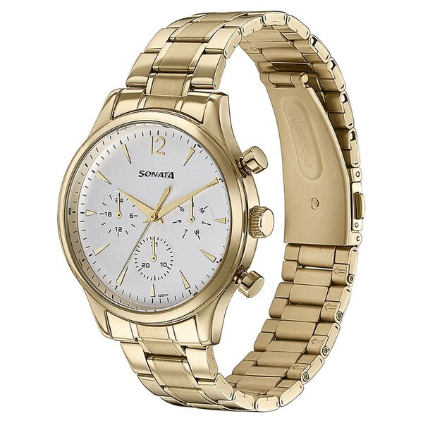 Sonata Quartz Multifunction White Dial Golden Stainless Steel Strap Watch For Men - image number 3