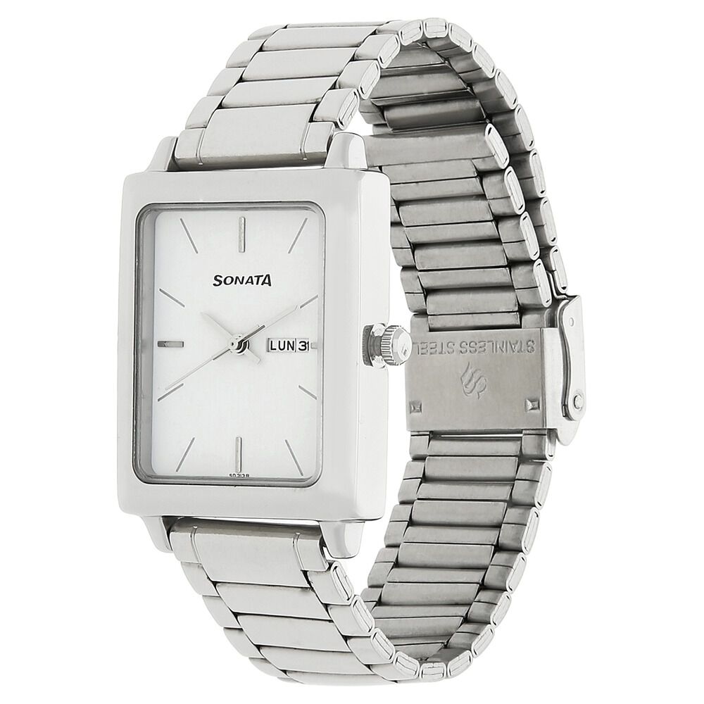 Buy Online Sonata Quartz Analog with Day and Date White Dial Stainless Steel Strap Watch for Men np7078sm05 Sonata