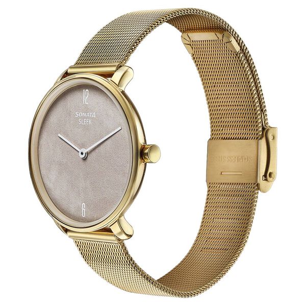 Sonata Sleek Gold-Toned Mesh Bracelet Watch with Minimal Sundial Dial and Arabic Numerals - image number 2