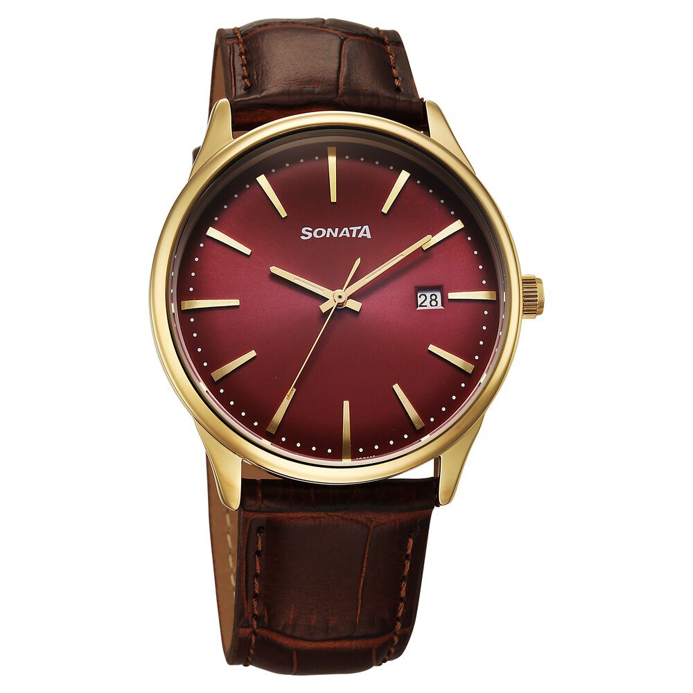 Sonata Eternia Quartz Analog with Date Maroon Dial Leather Strap Watch For Men-picture-16