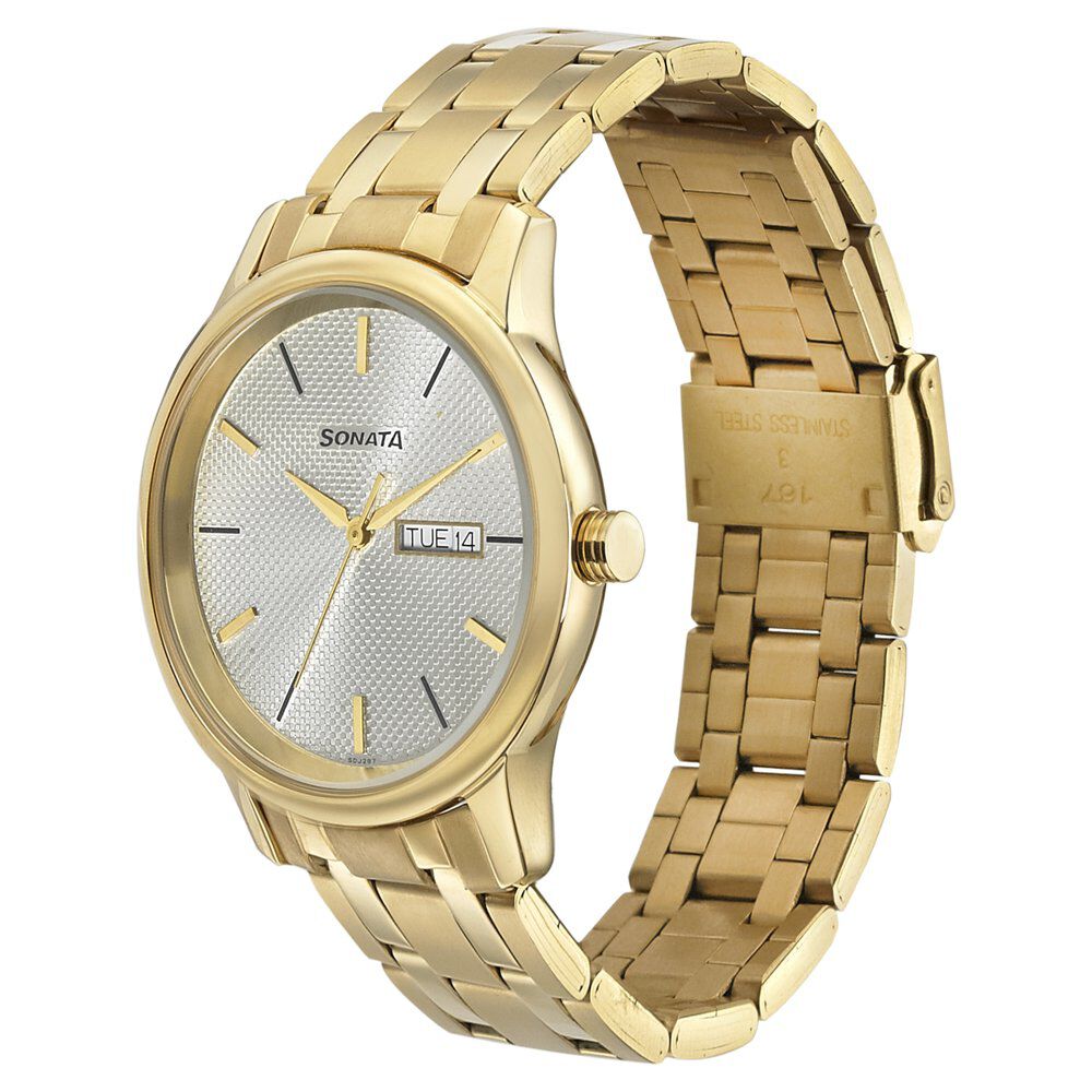 Sonata Quartz Analog with Day and Date Champagne Dial Metal Strap