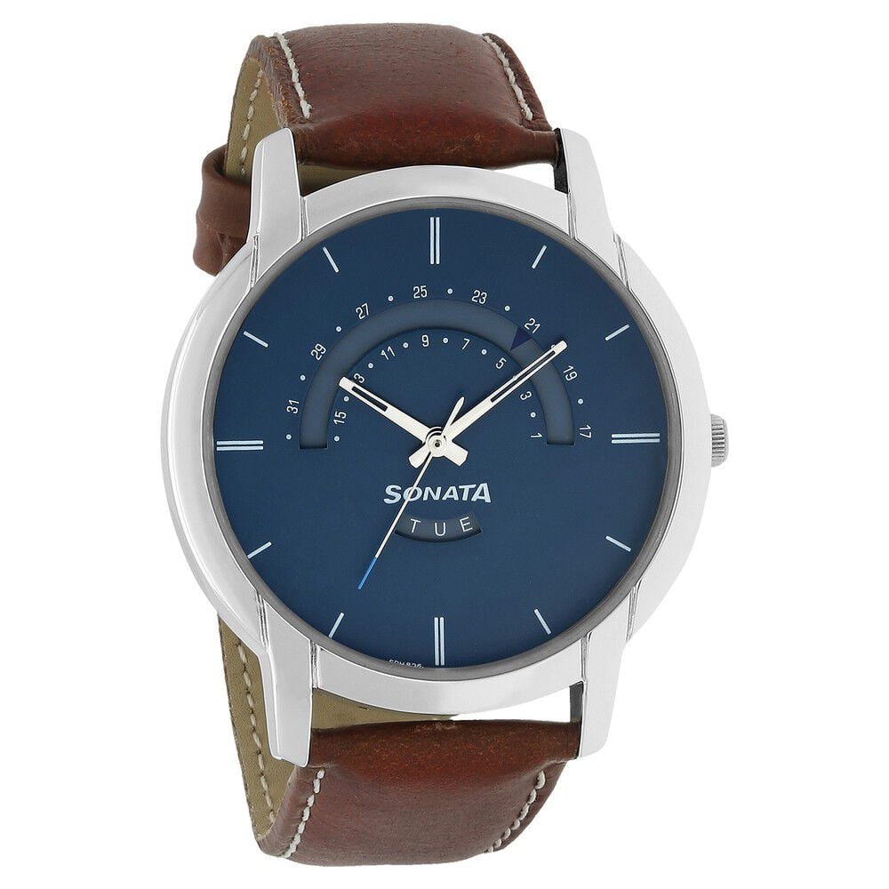 Buy Online Sonata Quartz Analog with Day and Date Blue Dial Leather Strap Watch for Men np77031sl01 Sonata