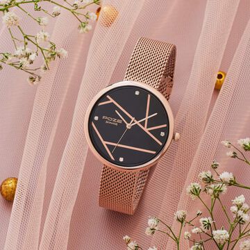 Sonata Poze Quartz Analog Black Dial Rose Gold Color Stainless Steel Strap Watch For Women