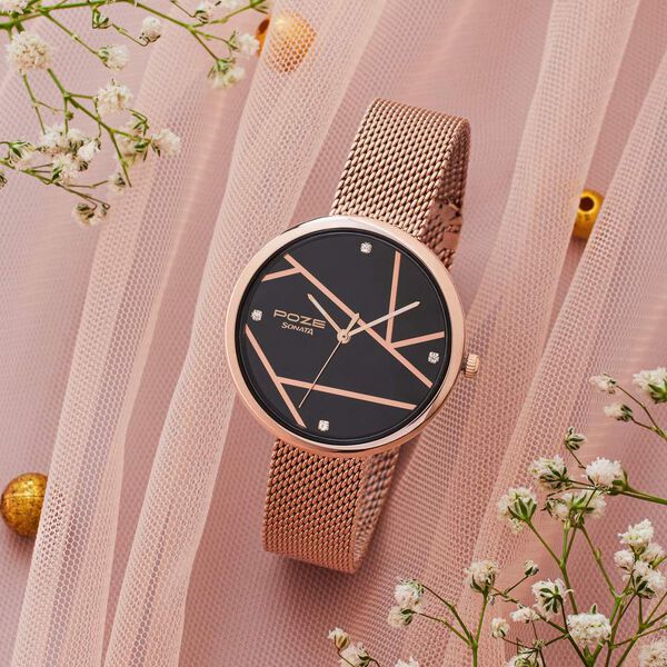 Sonata Poze Quartz Analog Black Dial Rose Gold Color Stainless Steel Strap Watch For Women - image number 0