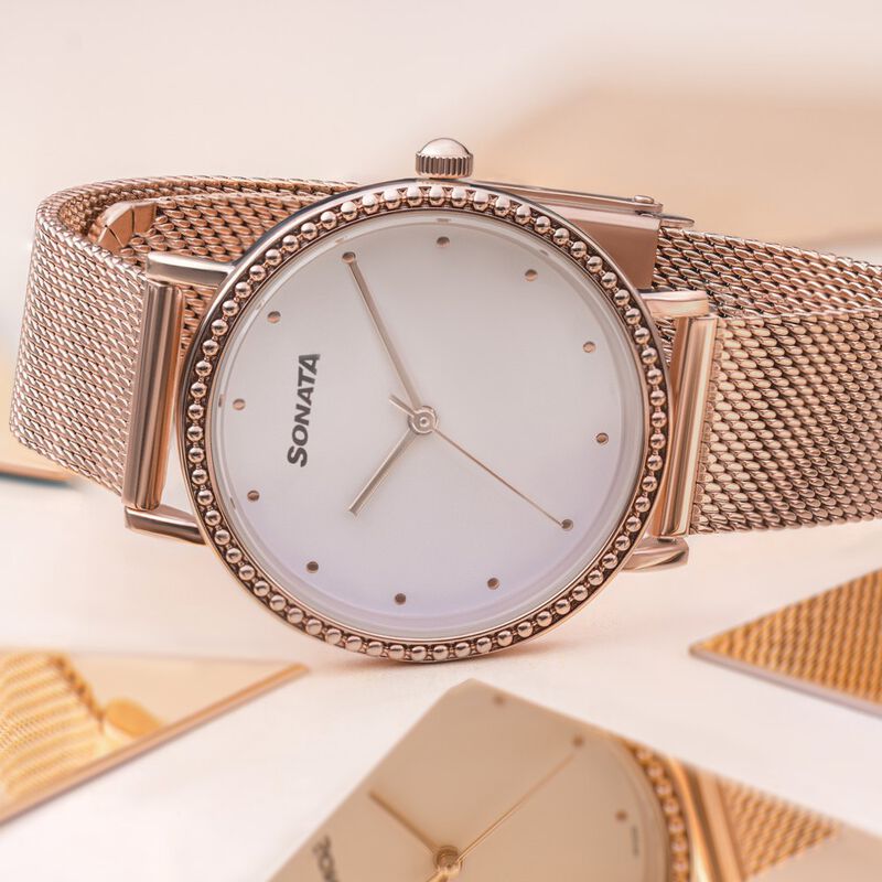 Buy Online Sonata Quartz Analog White Dial Rose Gold Stainless