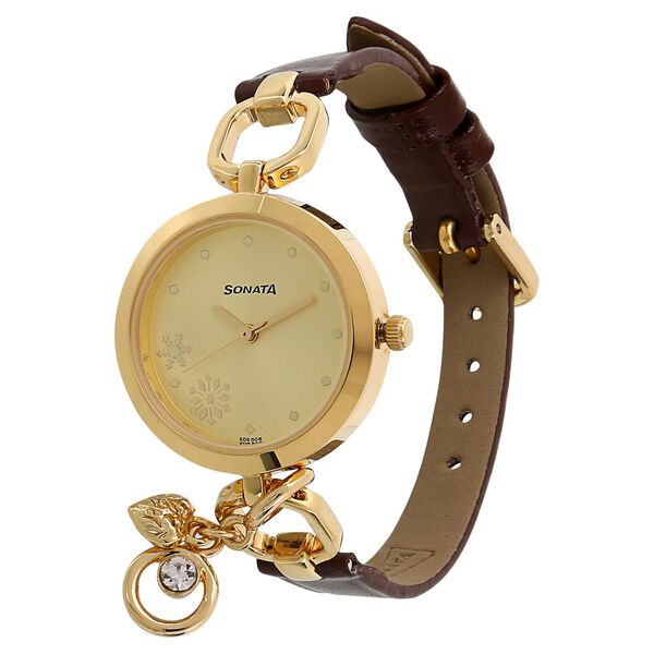 Sonata Charmed Champagne Dial Women Watch With Leather Strap - image number 1