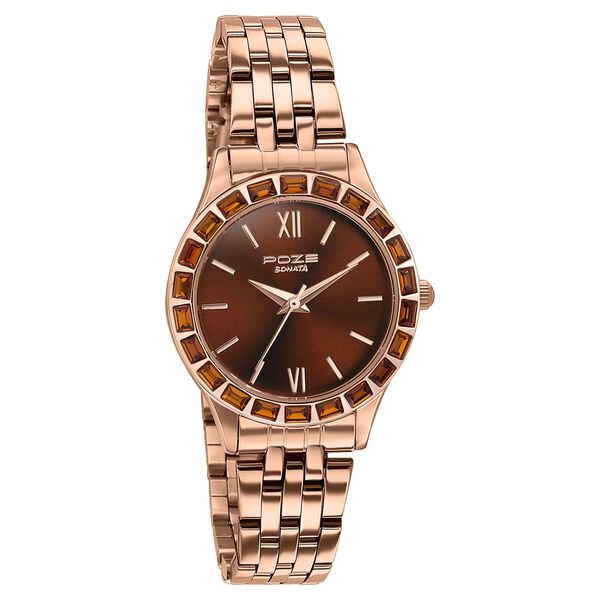Sonata Poze Quartz Analog Brown Dial Rose Gold Metal Strap Watch For Women - image number 2