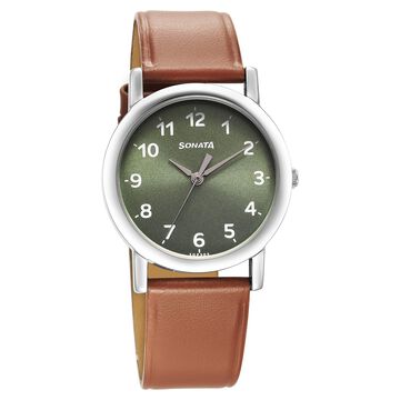Sonata Classic Quartz Analog Green Dial Brown Leather Strap Watch for Men