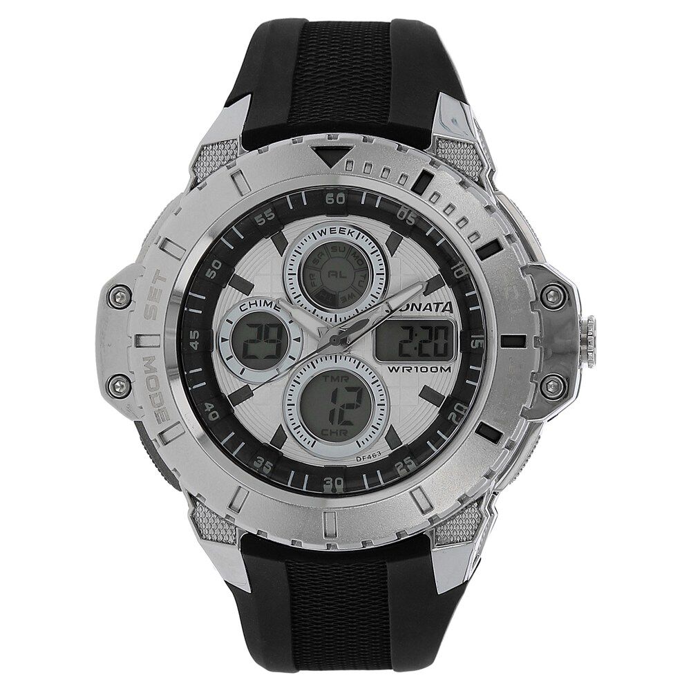 SF Quartz Analog Digital Silver Dial Plastic Strap Watch for Men