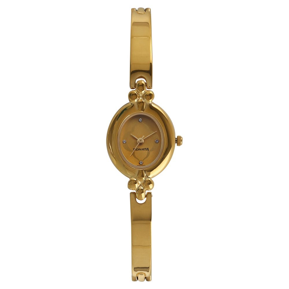 Buy Online Sonata Quartz Analog Champagne Dial Metal Strap Watch for Women ns8048ym02 Sonata