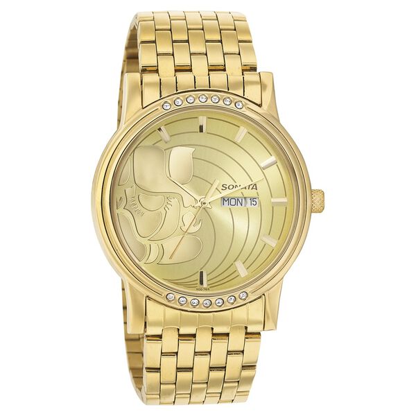 Sonata Quartz Analog with Day and Date Champagne Dial Stainless Steel Strap Watch for Men - image number 0