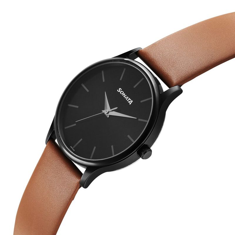 Buy Online Sonata Aspire Quartz Analog Black Dial Leather Strap