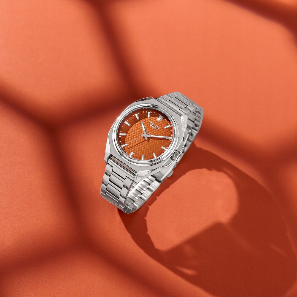 Poze By Sonata Quartz Analog Orange Dial Silver Metal Strap Watch For Men