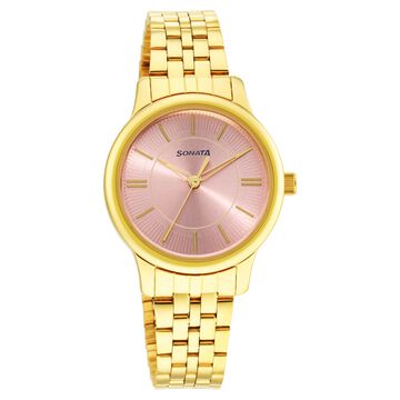 Sonata Classic Gold Pink Dial Metal Strap Watch for Women