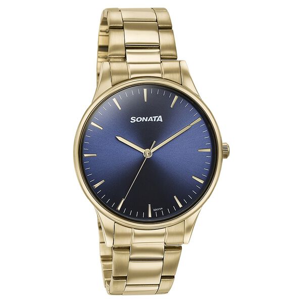 Sonata Quartz Analog Blue Dial Golden Stainless Steel Strap Watch For Men - image number 2