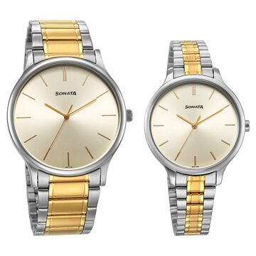 Sonata Pair Quartz Analog Champagne Dial Stainless Steel Strap Watch for Couple