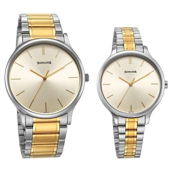 Sonata Pair Quartz Analog Champagne Dial Stainless Steel Strap Watch for Couple - image number 0