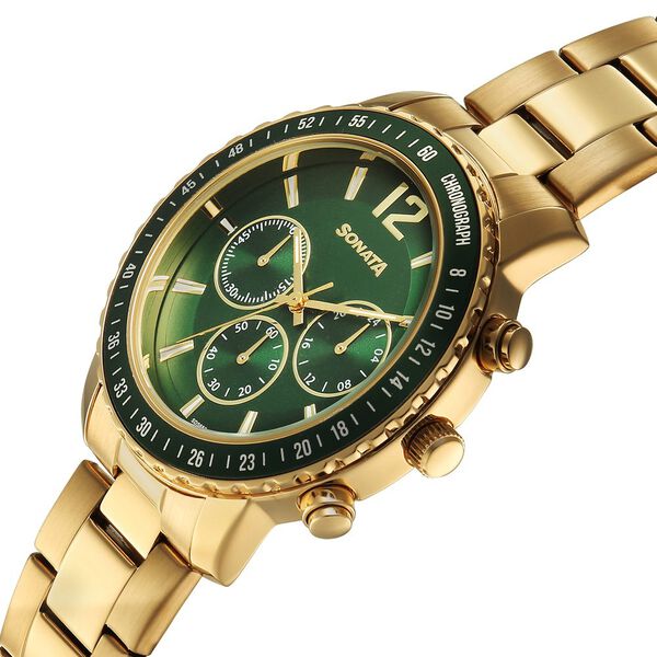 Sonata Chronos Quartz Analog with Date Green Dial Golden Colour Stainless Steel Strap Watch For Men - image number 2