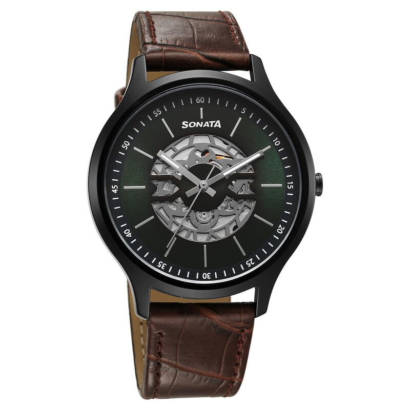 Sonata Unveil Quartz Multifunction Green Dial Leather Strap Watch for Men - image number 0