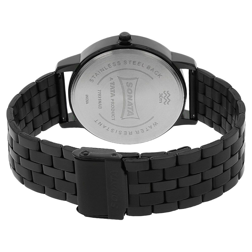 Buy Online Sonata Quartz Analog Black Dial Stainless Steel Strap Watch for Men np77031nm01w Sonata