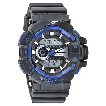 SF Quartz Analog Digital Black Dial PU Strap Watch for Men