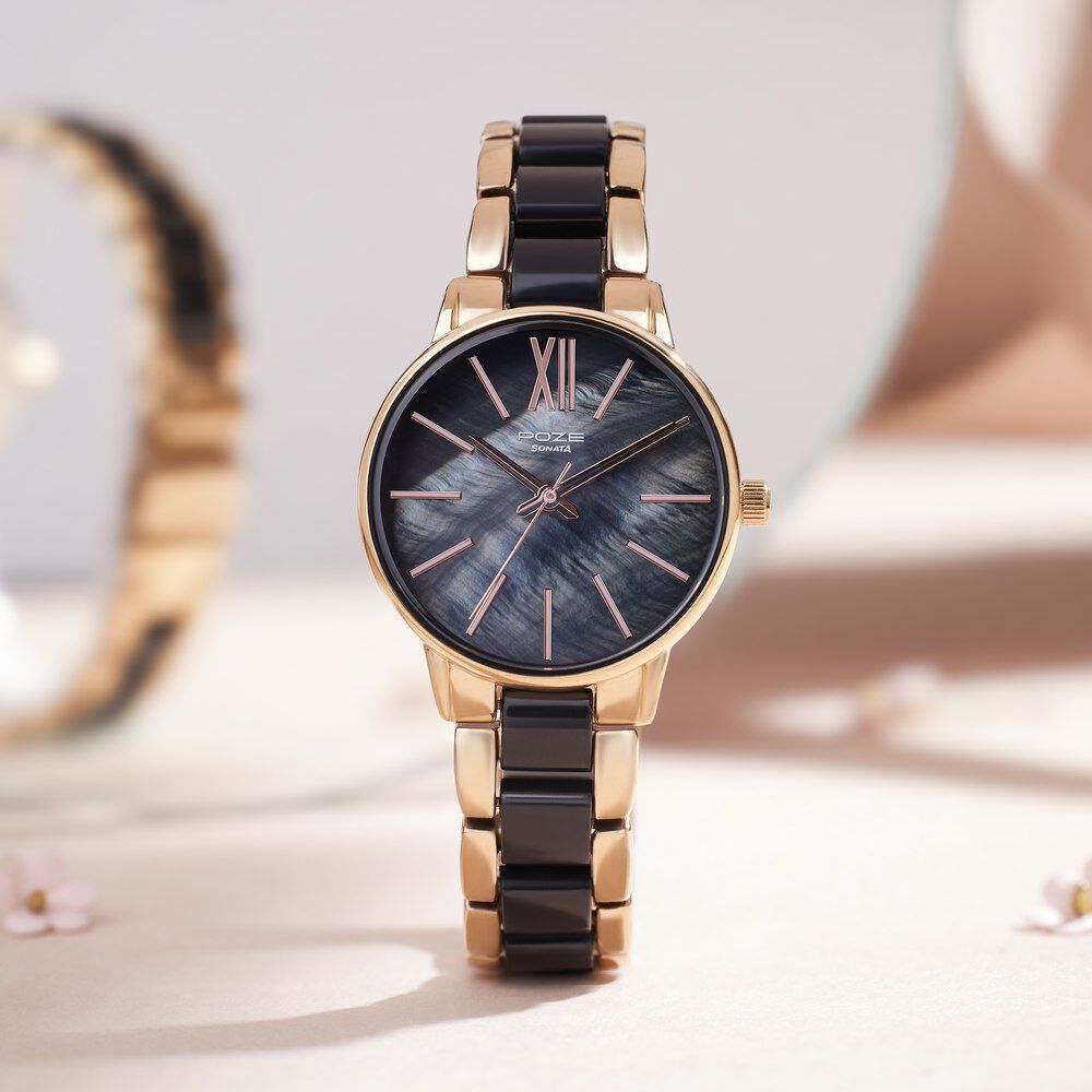 Buy Online Sonata Poze Quartz Analog Mother Of Pearl Dial Metal Plastic Strap Watch for Women sp80051kd02w Sonata