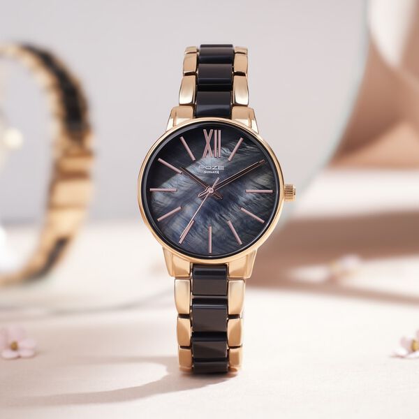 Sonata Poze Quartz Analog Mother Of Pearl Round Dial Two Toned Metal & Plastic Strap Watch For Women - image number 0