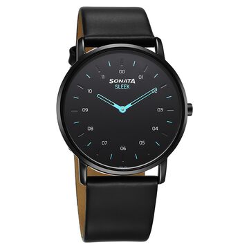 Sonata Sleek Quartz Analog Black Dial Black Leather Strap Watch For Men