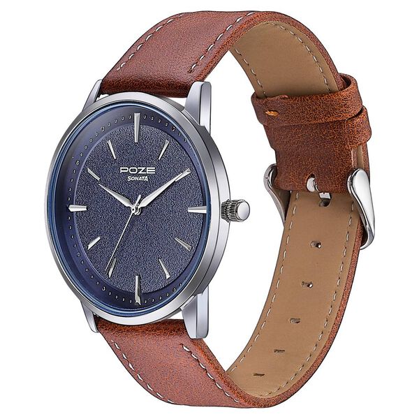 Sonata Poze Quartz Analog Blue Dial Leather Strap Watch For Men - image number 4