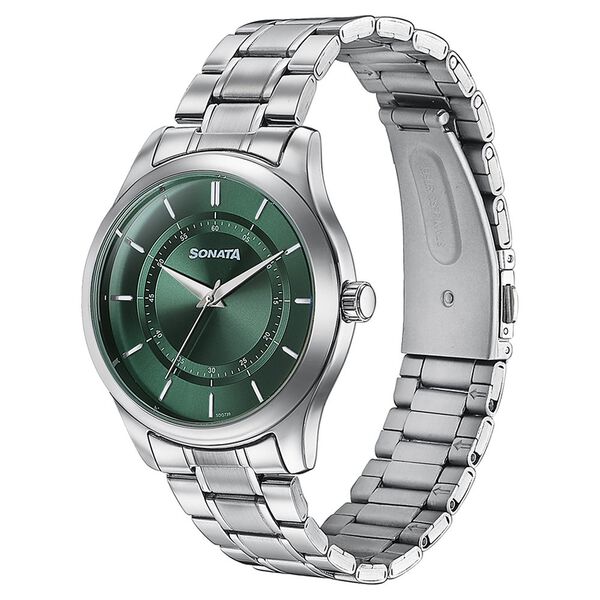 Sonata Quartz Analog Green Dial Silver Stainless Steel Strap Watch For Men - image number 3
