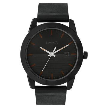 Sonata Quartz Analog with Date Anthracite Dial Leather Strap Watch for Men
