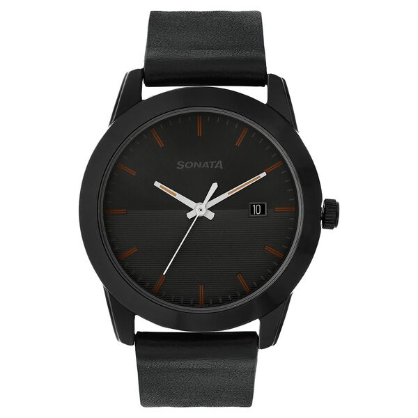 Sonata Quartz Analog with Date Anthracite Dial Leather Strap Watch for Men - image number 0