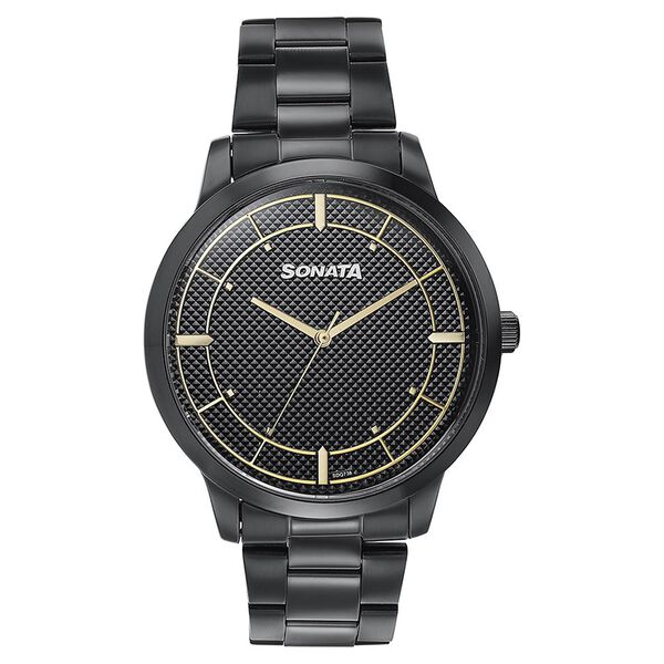 Sonata Quartz Analog Black Dial Black Stainless Steel Strap Watch For Men - image number 1