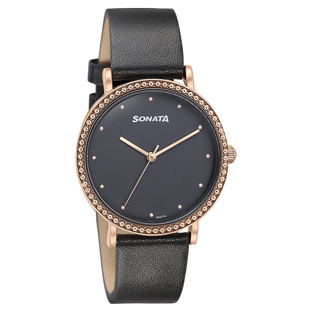 Buy Online Sonata Quartz Analog Black Dial Black Leather Strap Watch For Women 87066wl01 p Sonata