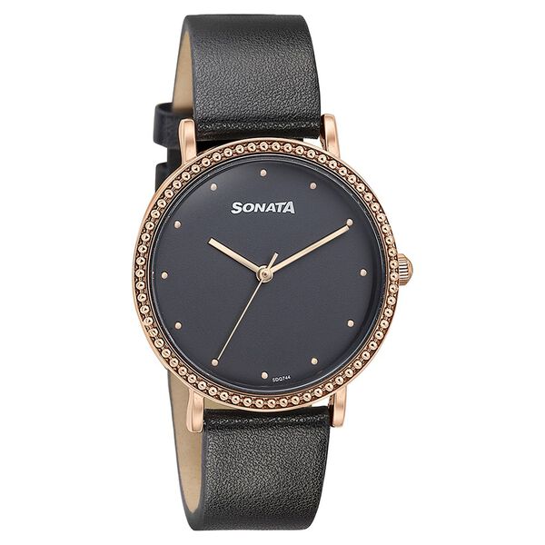 Sonata Quartz Analog Black Dial Black Leather Strap Watch For Women - image number 2