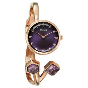 Sonata Aura Quartz Analog Purple Dial Rose Gold Stainless Steel Strap Watch For Women
