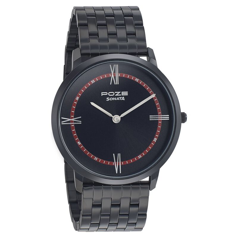 Buy Online Sonata Poze Quartz Analog Black dial Metal Strap Watch for