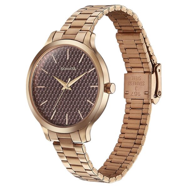 Sonata Wedding Bling Quartz Analog Brown Dial Rose Gold Stainless Steel Strap Watch for Women - image number 2