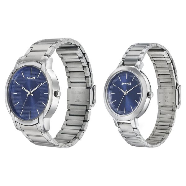 Sonata Quartz Analog Blue Dial Metal Strap Watch for Couple - image number 1