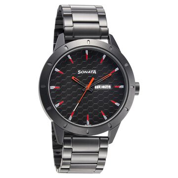 Sonata Quartz Analog with Day and Date Black Dial Metal Strap Watch for Men