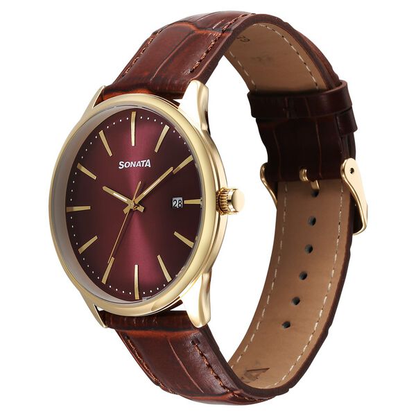 Sonata Eternia Quartz Analog with Date Maroon Dial Leather Strap Watch For Men - image number 1