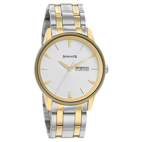 Sonata Quartz Analog with Day and Date Silver Dial Bimetal Strap Watch for Men - image number 0