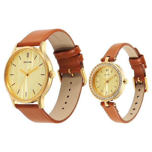 Sonata Quartz Analog Champagne Dial Leather Strap Watch for Couple - image number 1