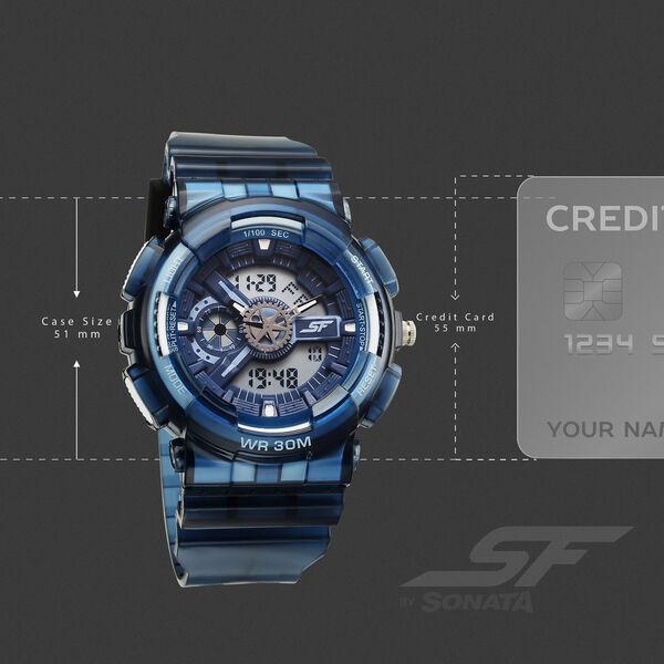 Sonata SF Spectra Quartz Digital Blue Dial Translucent Blue PU Strap Watch For Men - image number 3