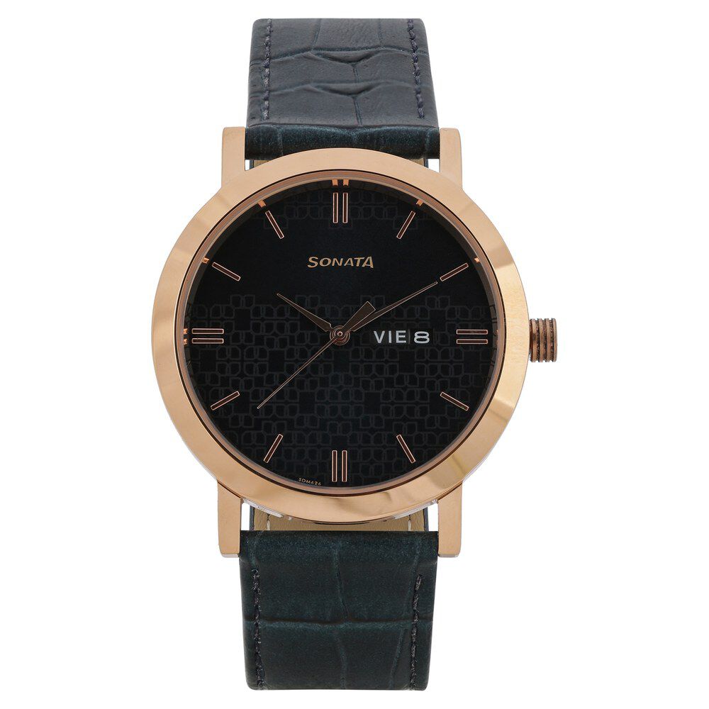 Buy Online Sonata Quartz Analog with Day and Date Green Dial Leather Strap Watch for Men nr77108wl03 Sonata